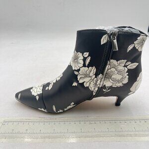 XYD Black Flower Kitten Heel Ankle Boots Pointed Closed Toe Side Zipper Prom Sho